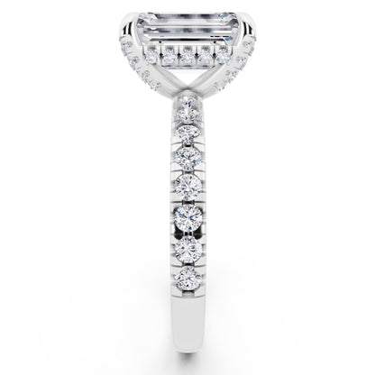 14 KT White Gold Emerald Cut Diamond Hidden Halo Ring with Pave Shank - side view
