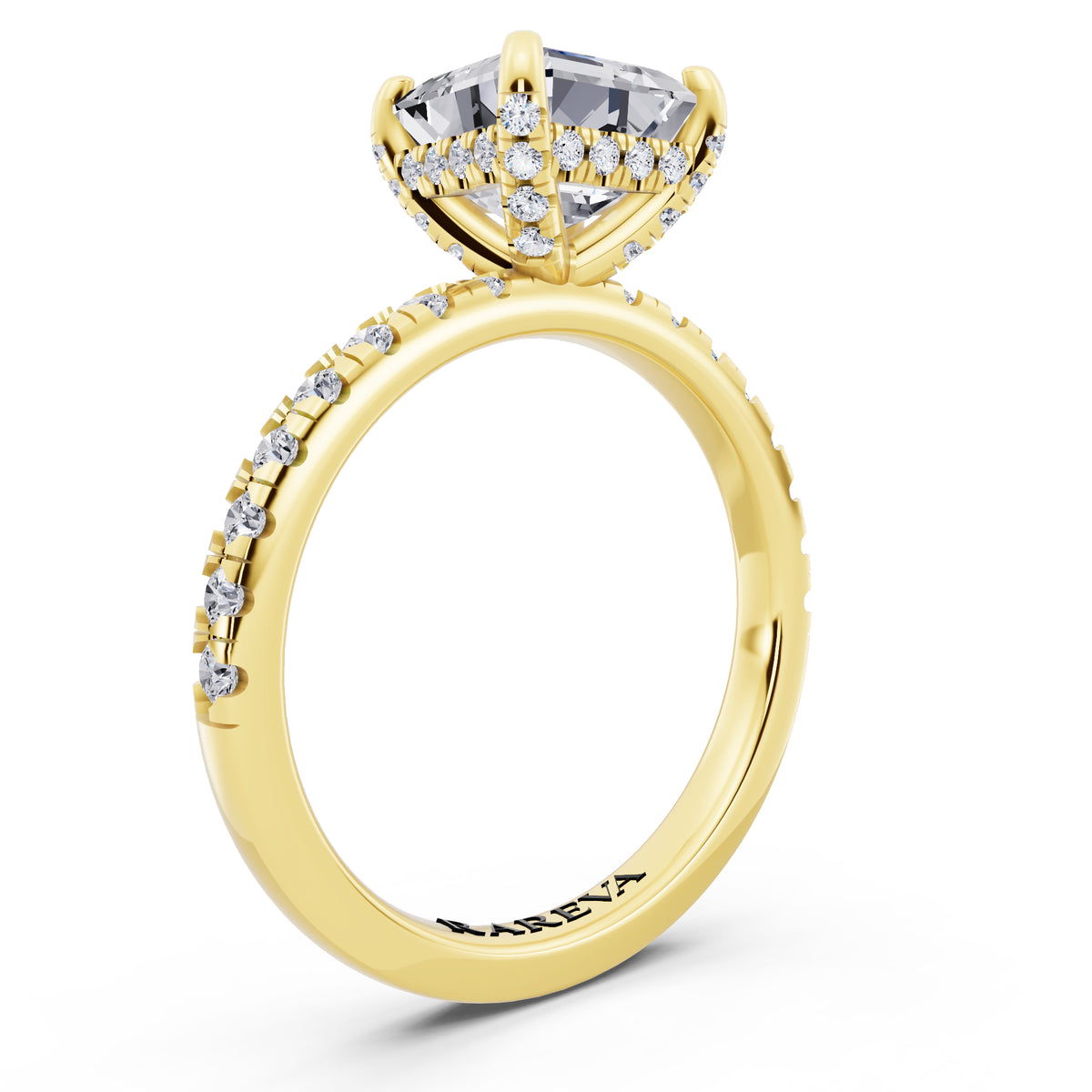 14 KT Yellow Gold Asscher Cut Diamond Hidden Halo Ring with Pave Shank - top view