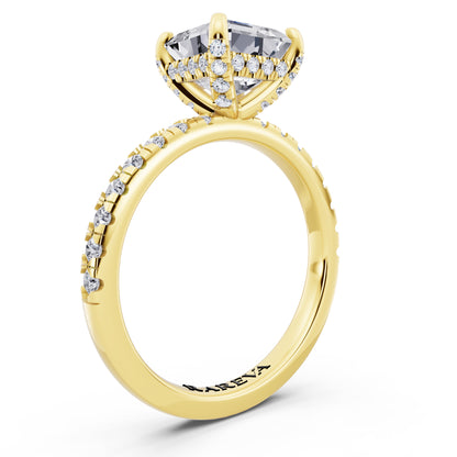 14 KT Yellow Gold Asscher Cut Diamond Hidden Halo Ring with Pave Shank - top view