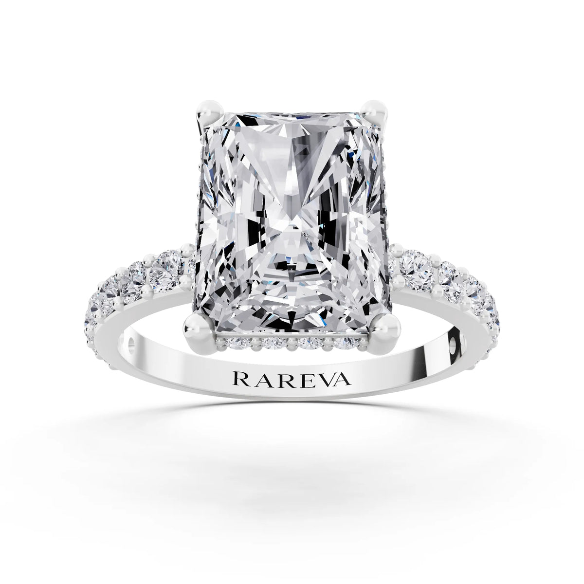 18 KT White Gold Radiant Cut Diamond Solitaire Ring with Hidden Halo and Pave Band - front view