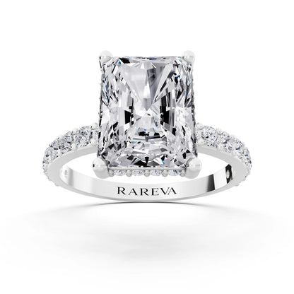 18 KT White Gold Radiant Cut Diamond Solitaire Ring with Hidden Halo and Pave Band - front view