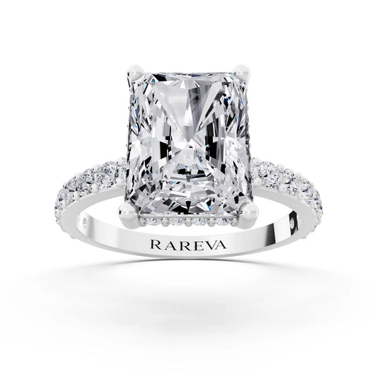 18 KT White Gold Radiant Cut Diamond Solitaire Ring with Hidden Halo and Pave Band - front view