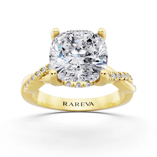 18 KT Yellow Gold Cushion Cut Diamond Hidden Halo Ring with Twisted Pave Band - front view