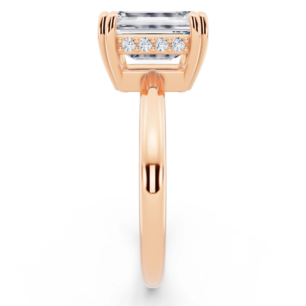 14 KT Rose Gold Emerald Cut Diamond Solitaire Ring with Hidden Accent Basket - side view
