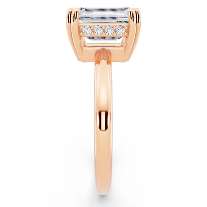 14 KT Rose Gold Emerald Cut Diamond Solitaire Ring with Hidden Accent Basket - side view