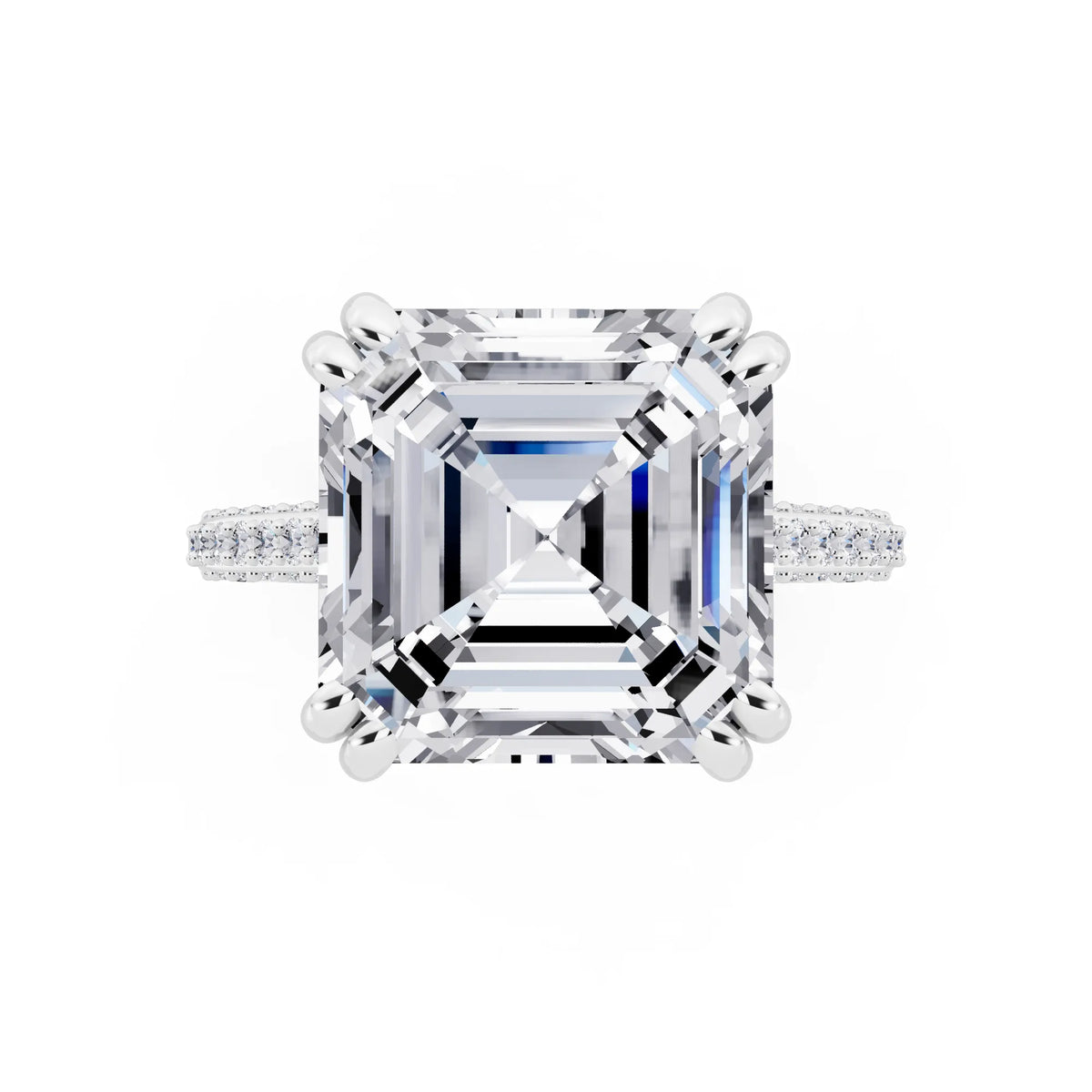 14 KT White Gold Asscher Cut Diamond Hidden Halo Double Claw Pave Band Ring - top angle
