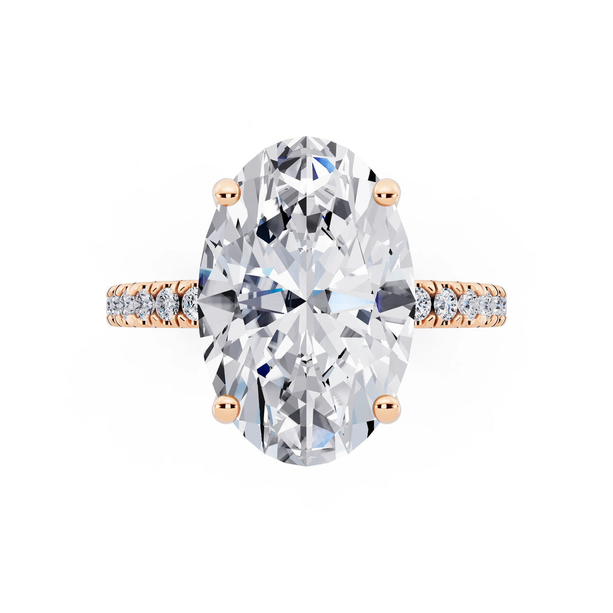 14 KT Rose Gold Oval Cut Diamond Solitaire Ring with Pave Eternity Band - top angle