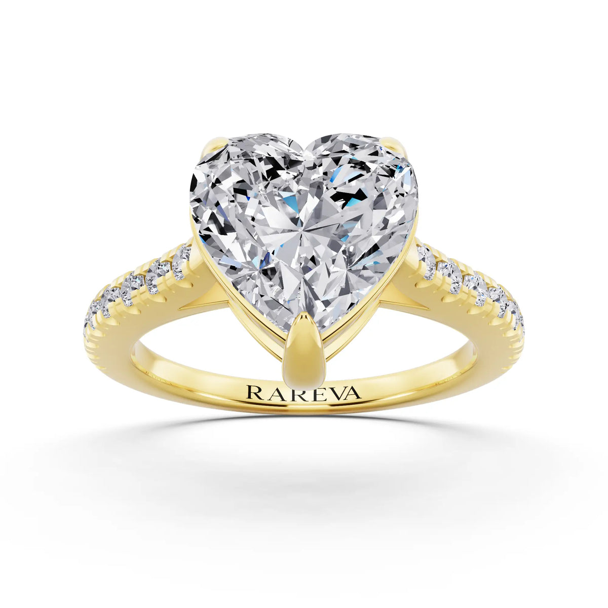 14 KT Yellow Gold Heart Cut Diamond Claw Prong Solitaire Ring with French Pave Band - front view
