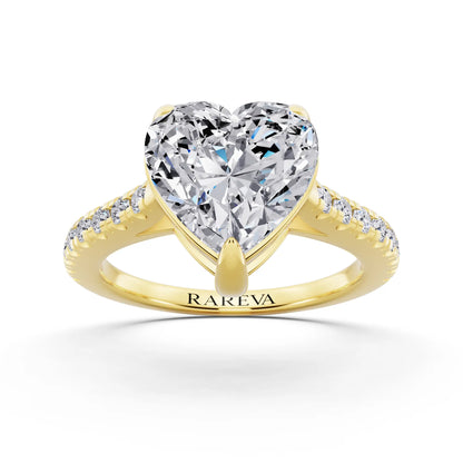 14 KT Yellow Gold Heart Cut Diamond Claw Prong Solitaire Ring with French Pave Band - front view