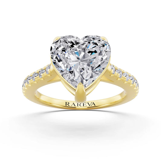 14 KT Yellow Gold Heart Cut Diamond Claw Prong Solitaire Ring with French Pave Band - front view