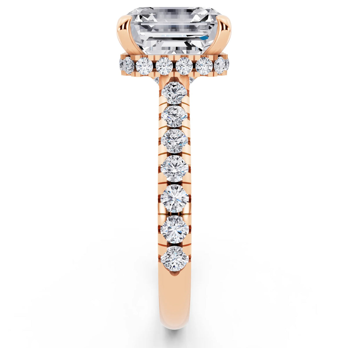 18 KT Rose Gold Asscher Cut Diamond Ring with Hidden Halo - side view