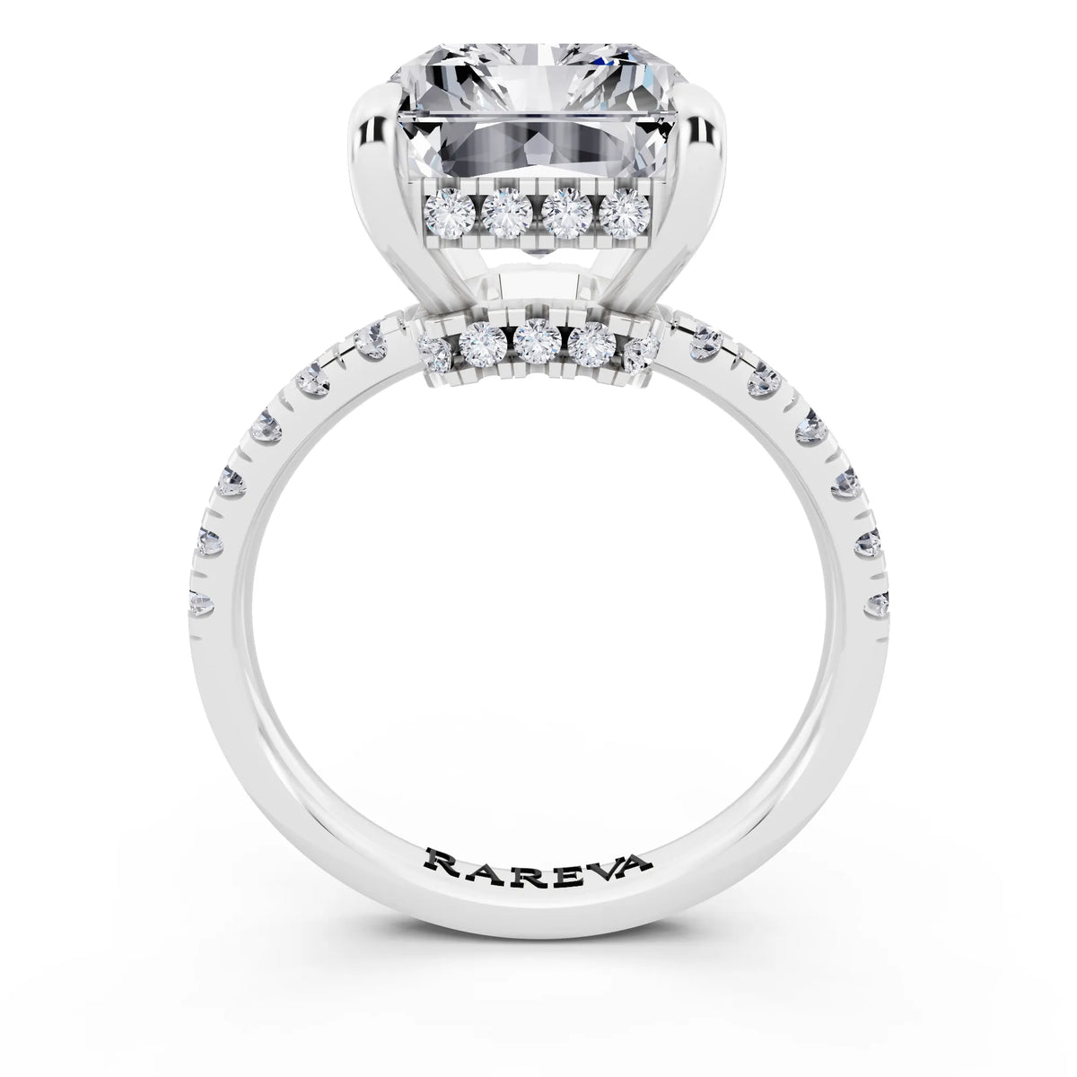 14 KT White Gold Radiant Cut Diamond Hidden Halo Tiger Prong Pave Band Ring - through finger