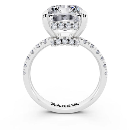 14 KT White Gold Radiant Cut Diamond Hidden Halo Tiger Prong Pave Band Ring - through finger