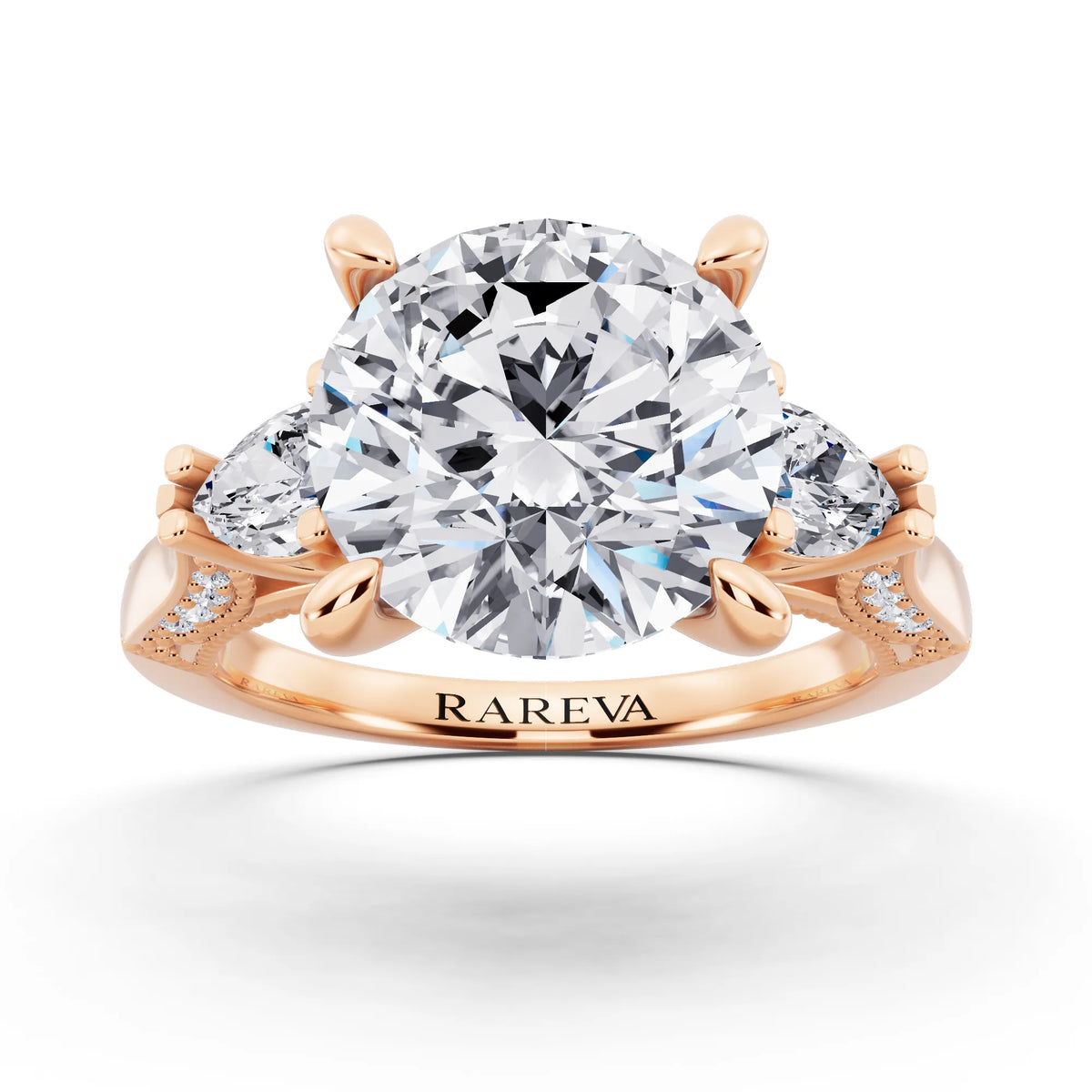 14 KT Rose Gold Round Cut Diamond Three Stone Pear Accent Vintage Pave Ring - front view