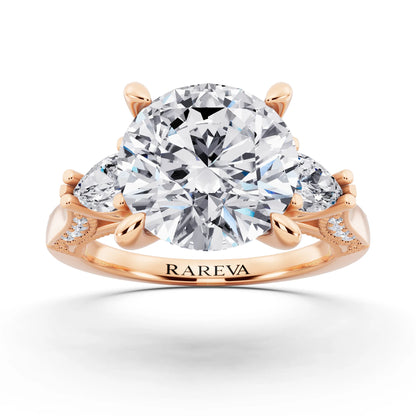 14 KT Rose Gold Round Cut Diamond Three Stone Pear Accent Vintage Pave Ring - front view