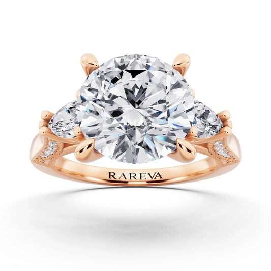 14 KT Rose Gold Round Cut Diamond Three Stone Pear Accent Vintage Pave Ring - front view