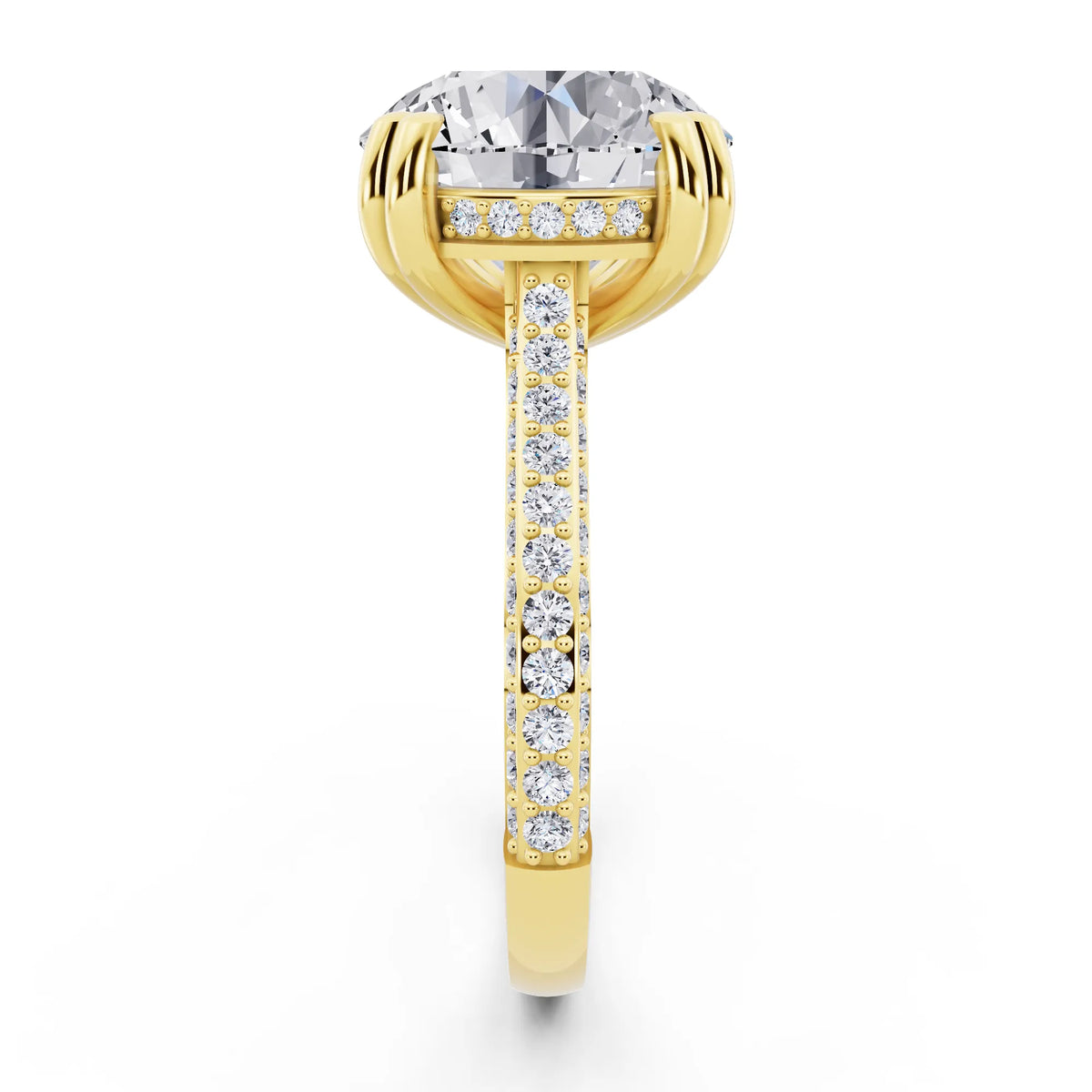 18 KT Yellow Gold Round Cut Diamond Hidden Halo Double Claw Pave Band Ring - side view