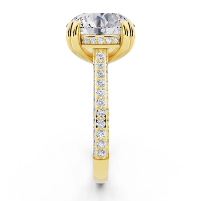 18 KT Yellow Gold Round Cut Diamond Hidden Halo Double Claw Pave Band Ring - side view