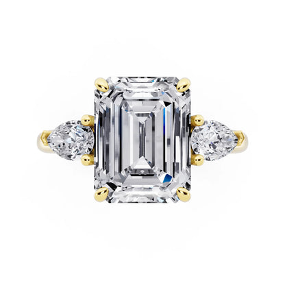 18 KT Yellow Gold Emerald Cut Diamond Three Stone Pear Accent Ring - top angle