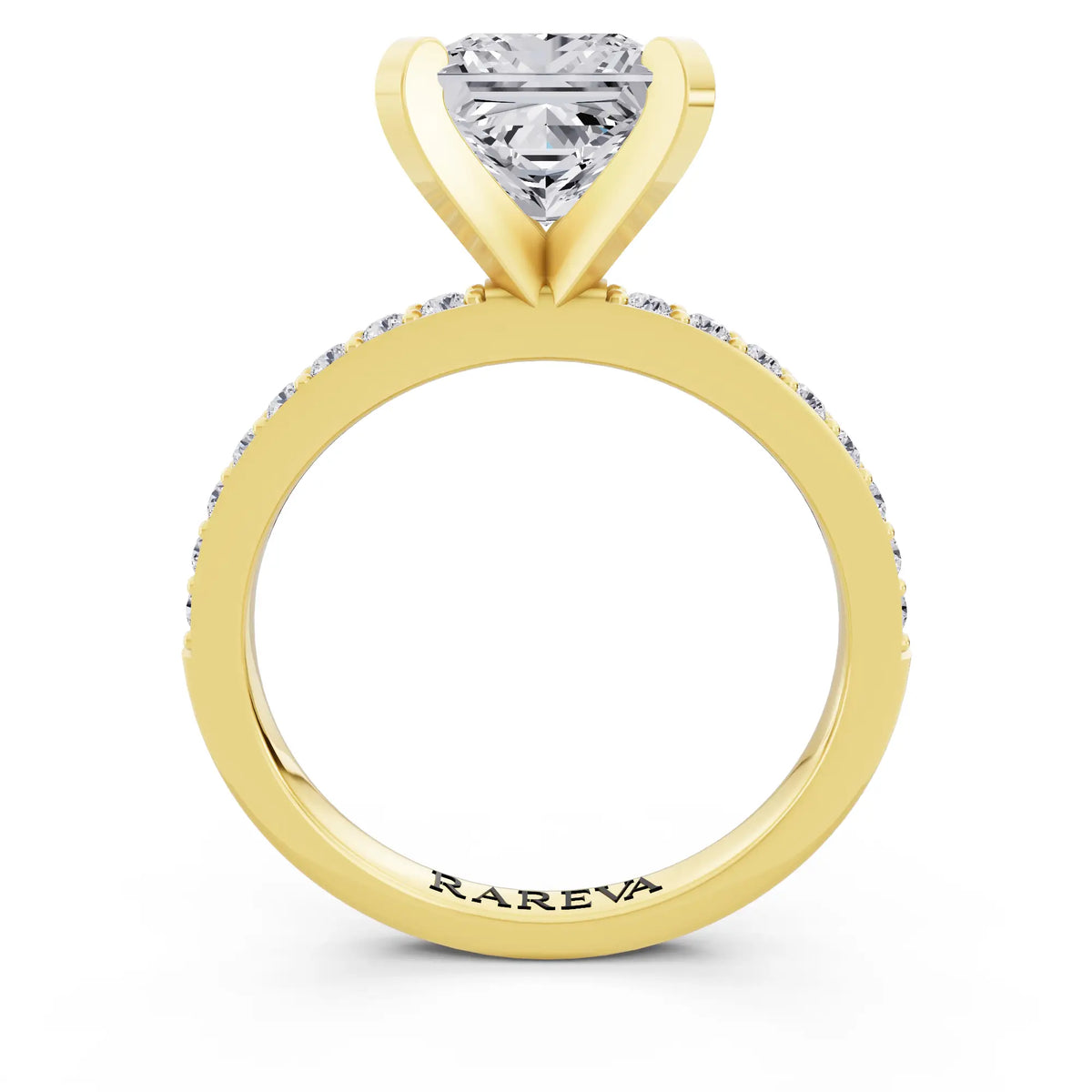 18 KT Yellow Gold Princess Cut Diamond Solitaire Ring with Pave Shank - through finger