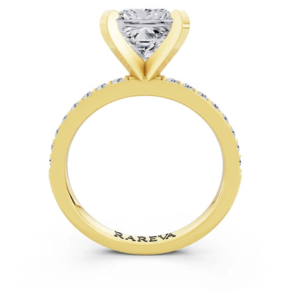 18 KT Yellow Gold Princess Cut Diamond Solitaire Ring with Pave Shank - through finger