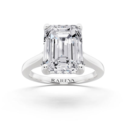 18 KT White Gold Emerald Cut Diamond Solitaire Ring with Cathedral Band - front view