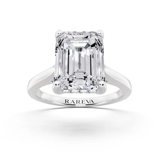 18 KT White Gold Emerald Cut Diamond Solitaire Ring with Cathedral Band - front view