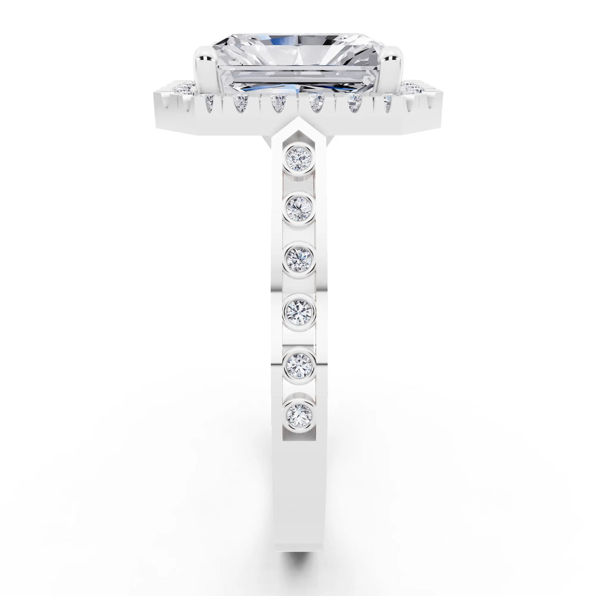 14 KT White Gold Radiant Cut Diamond Halo Ring with Bezel Accent Band - side view