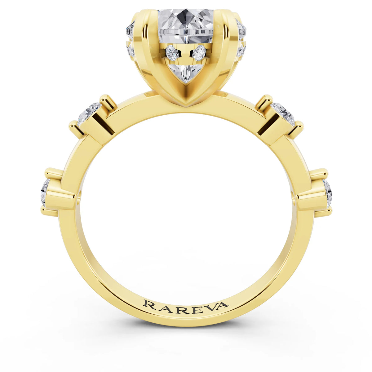 14 KT Yellow Gold Heart Cut Diamond Solitaire Ring with Floating Diamond Accents - through finger