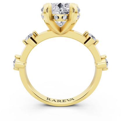 14 KT Yellow Gold Heart Cut Diamond Solitaire Ring with Floating Diamond Accents - through finger