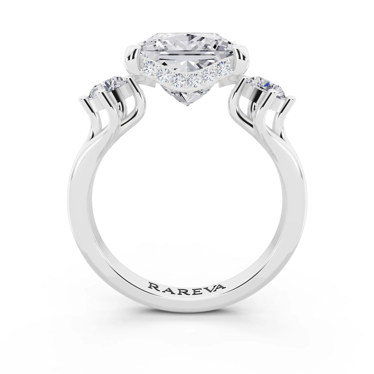 18 KT White Gold Princess Cut Diamond Three Stone Engagement Ring with Hidden Halo - through finger