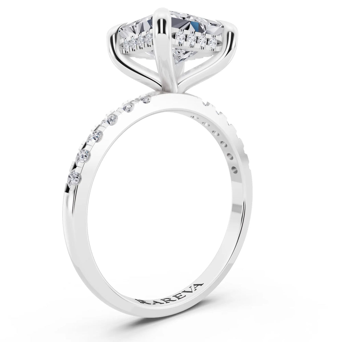 14 KT White Gold Princess Cut Diamond Solitaire Ring with Round Pavé Band and Prong Setting - top view