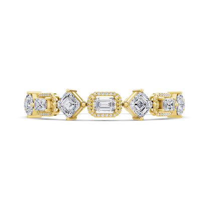 14K Yellow Gold Square Emerald and Emerald Cut Halo Diamond Tennis Bracelet - Front