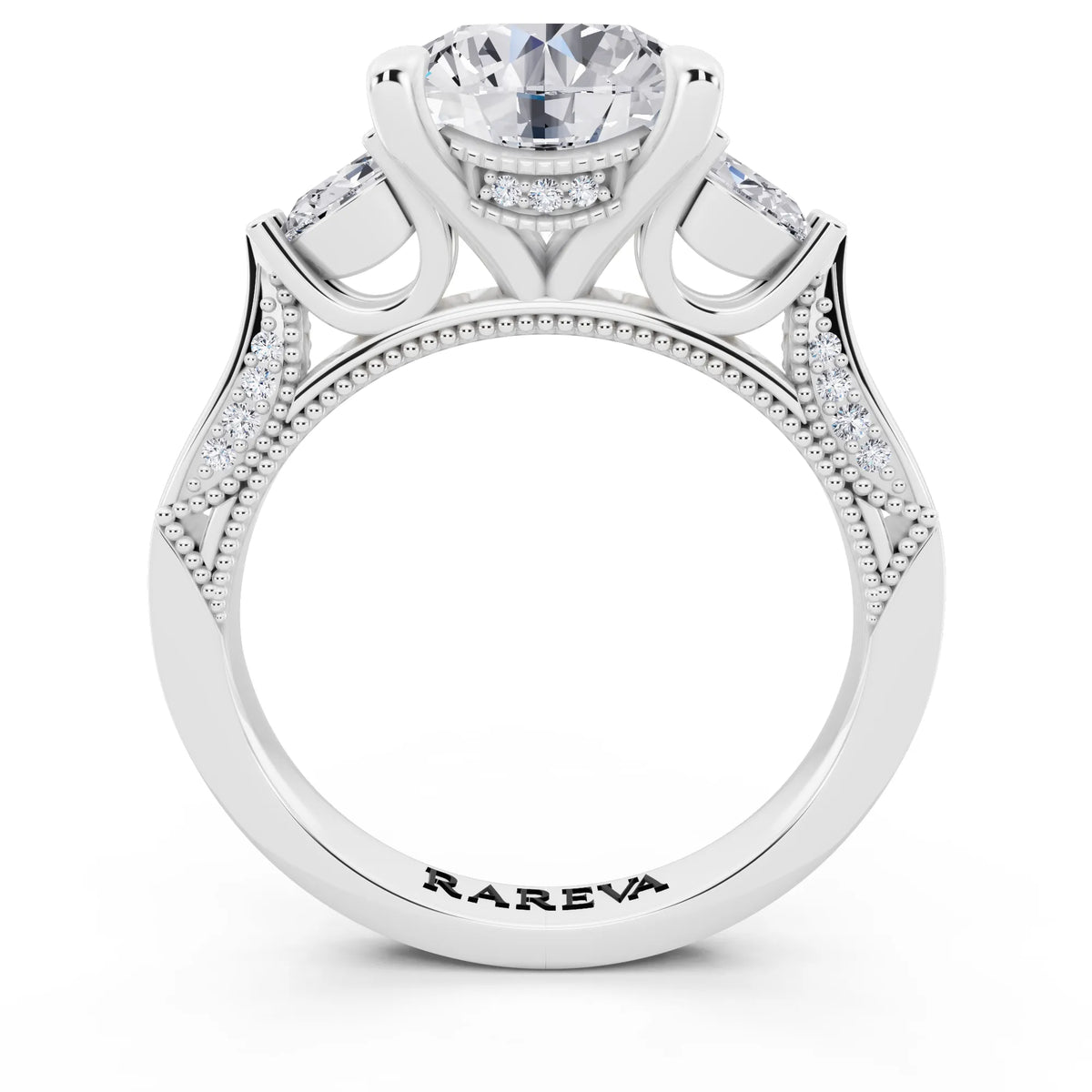18 KT White Gold Round Cut Diamond Three Stone Pear Accent Vintage Pave Ring - through finger