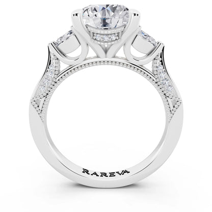 18 KT White Gold Round Cut Diamond Three Stone Pear Accent Vintage Pave Ring - through finger