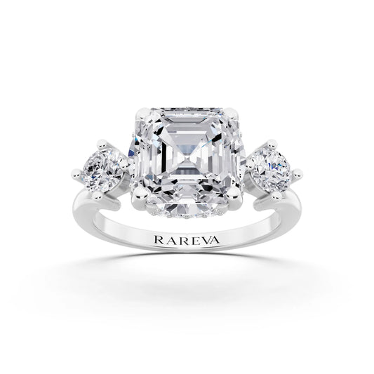 18 KT White Gold Asscher Cut Diamond Three Stone Engagement Ring with Hidden Halo - front view