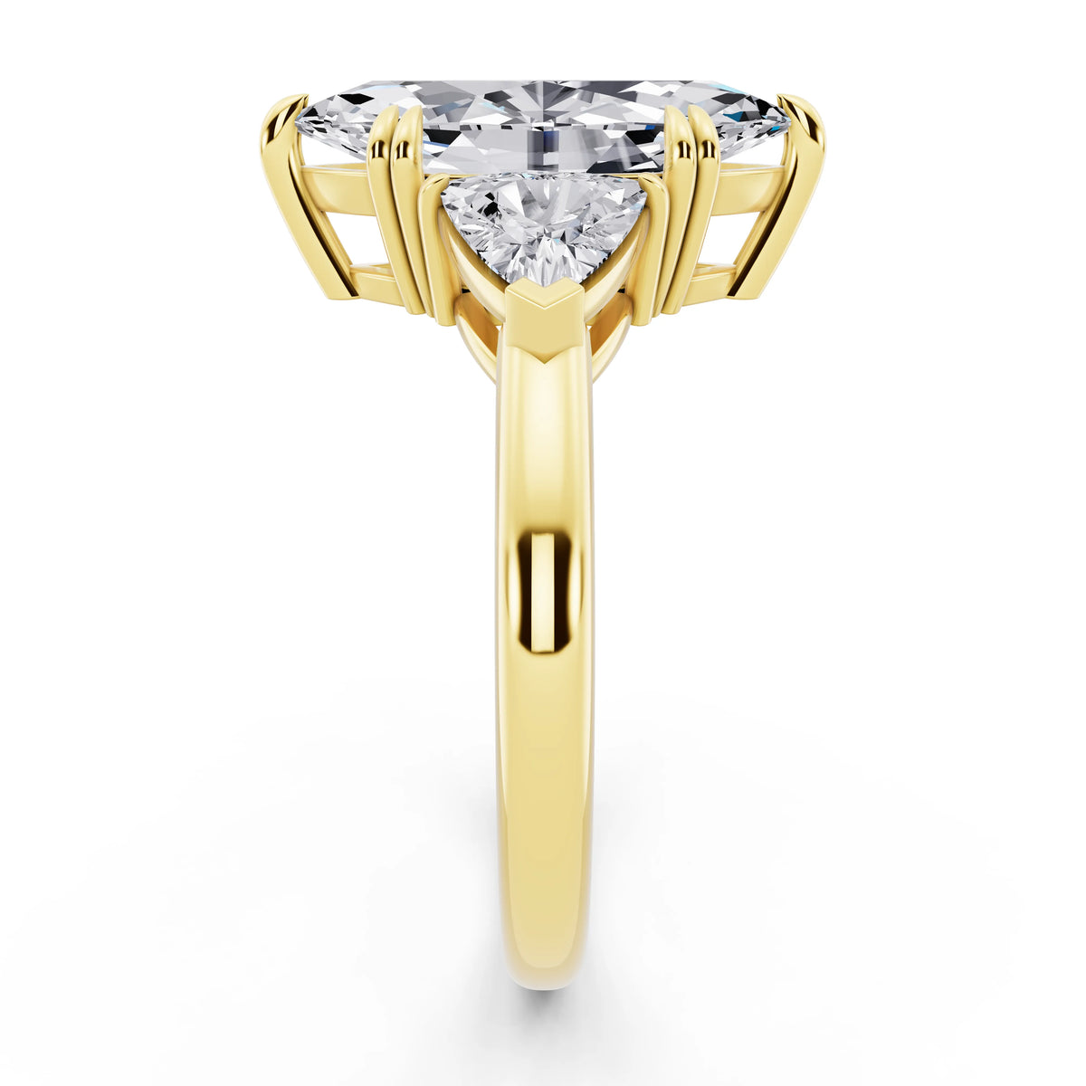 18 KT Yellow Gold Marquise Cut Diamond Three Stone Ring with Trillion Accents - side view