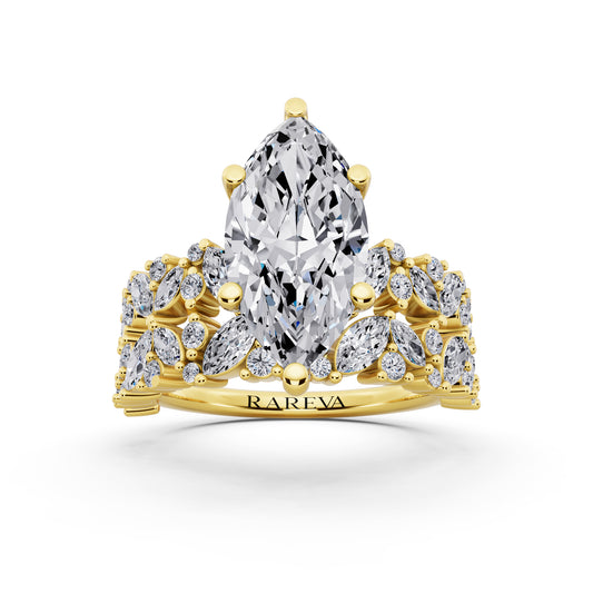 14 KT Yellow Gold Marquise Cut Diamond Ring with Marquise Cluster Band - front view