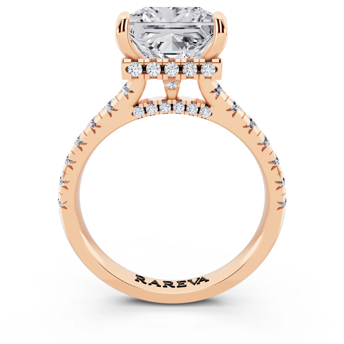 18 KT Rose Gold Princess Cut Diamond Ring with Hidden Halo - through finger