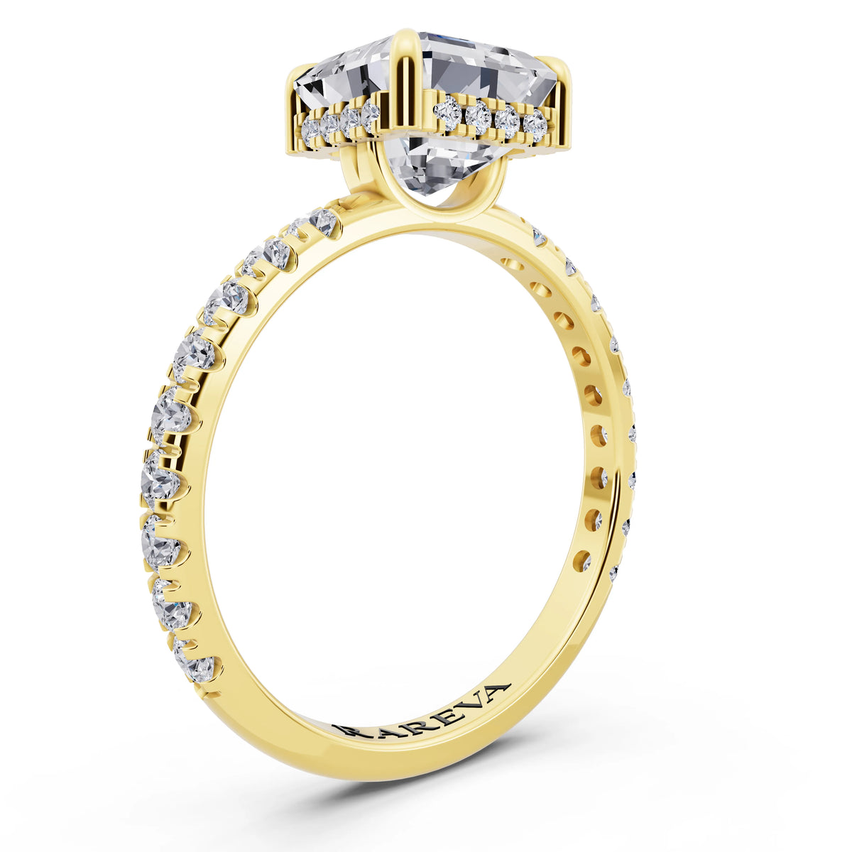 14 KT Yellow Gold Asscher Cut Diamond Solitaire Ring with Hidden Halo and French Pave Band - top view