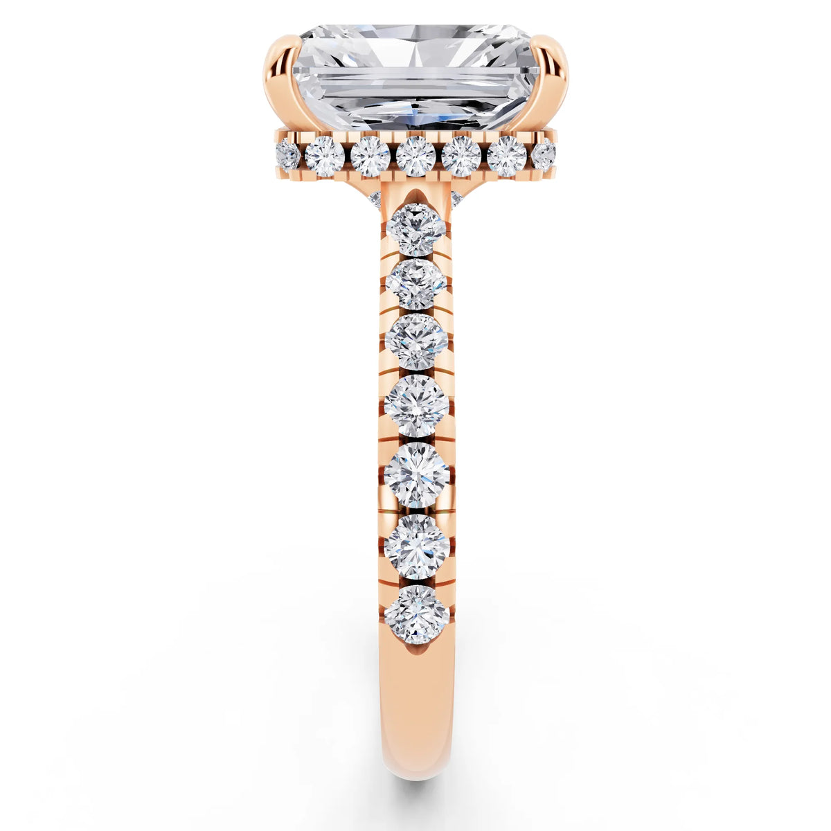 18 KT Rose Gold Radiant Cut Diamond Ring with Hidden Halo - side view