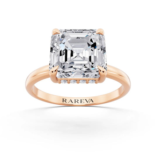 18 KT Rose Gold Asscher Cut Diamond Hidden Halo Solitaire Ring - front view