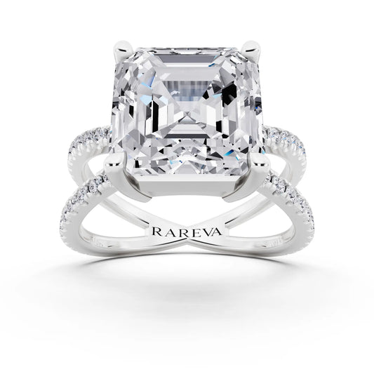 18 KT White Gold Asscher Cut Diamond Ring with Twisted Split Shank - front view