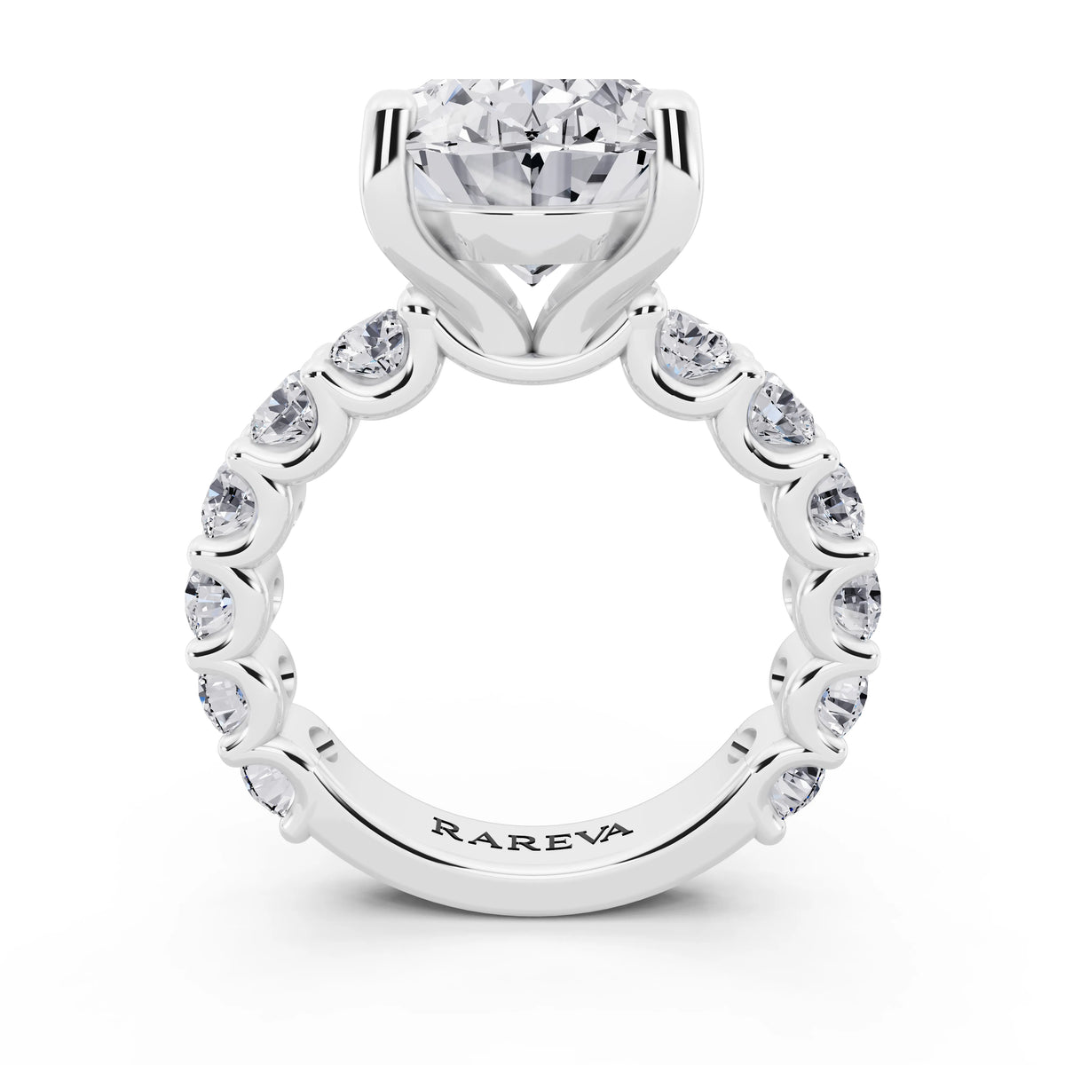 18 KT White Gold Oval Cut Diamond Ring with Shared Prong Eternity Band - through finger