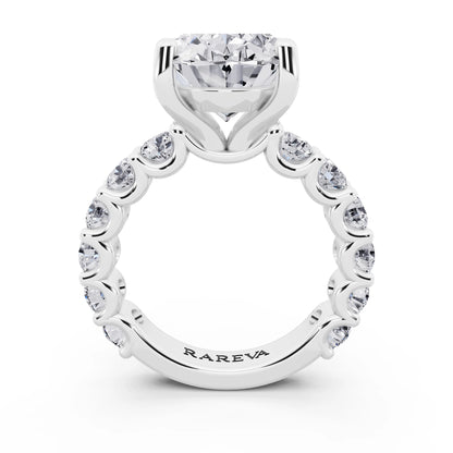18 KT White Gold Oval Cut Diamond Ring with Shared Prong Eternity Band - through finger