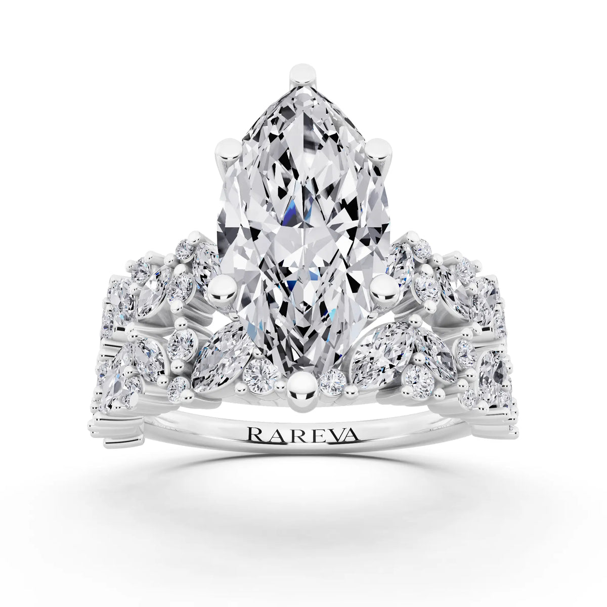 18 KT White Gold Marquise Cut Diamond Ring with Marquise Cluster Band - front view