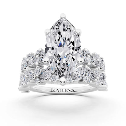 18 KT White Gold Marquise Cut Diamond Ring with Marquise Cluster Band - front view