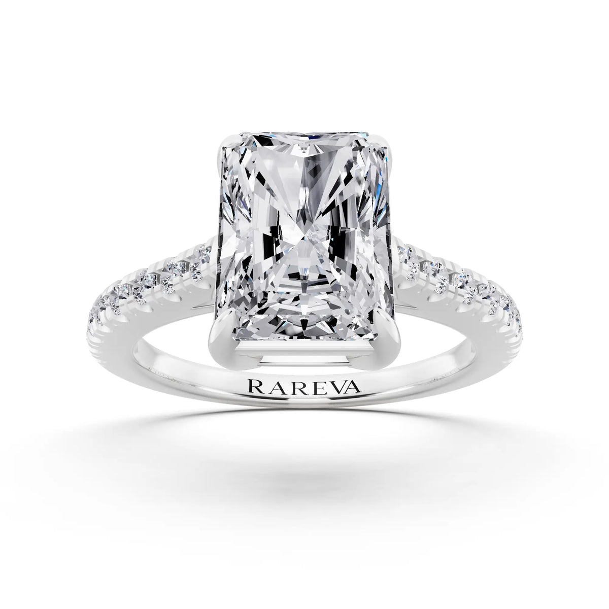 18 KT White Gold Radiant Cut Diamond Claw Prong Solitaire Ring with French Pave Band - front view