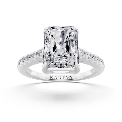 18 KT White Gold Radiant Cut Diamond Claw Prong Solitaire Ring with French Pave Band - front view