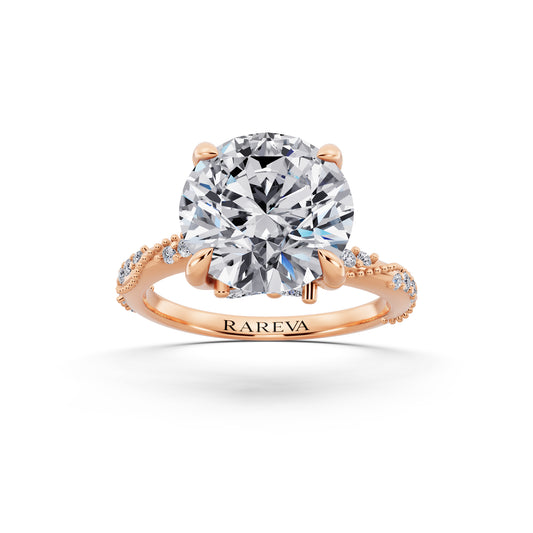 18 KT Rose Gold Round Cut Diamond Ring with Marquise Accent - front view